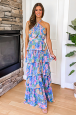 Amelia Multi Floral Halter Maxi Dress - Blue