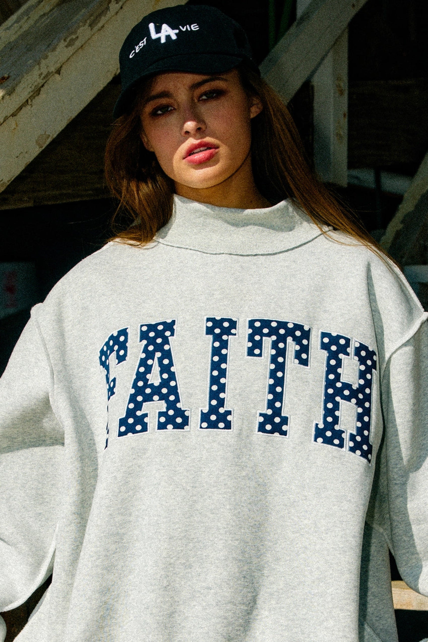 Faith Embroidered Polka Dot Mock Neck Sweatshirt - restock!