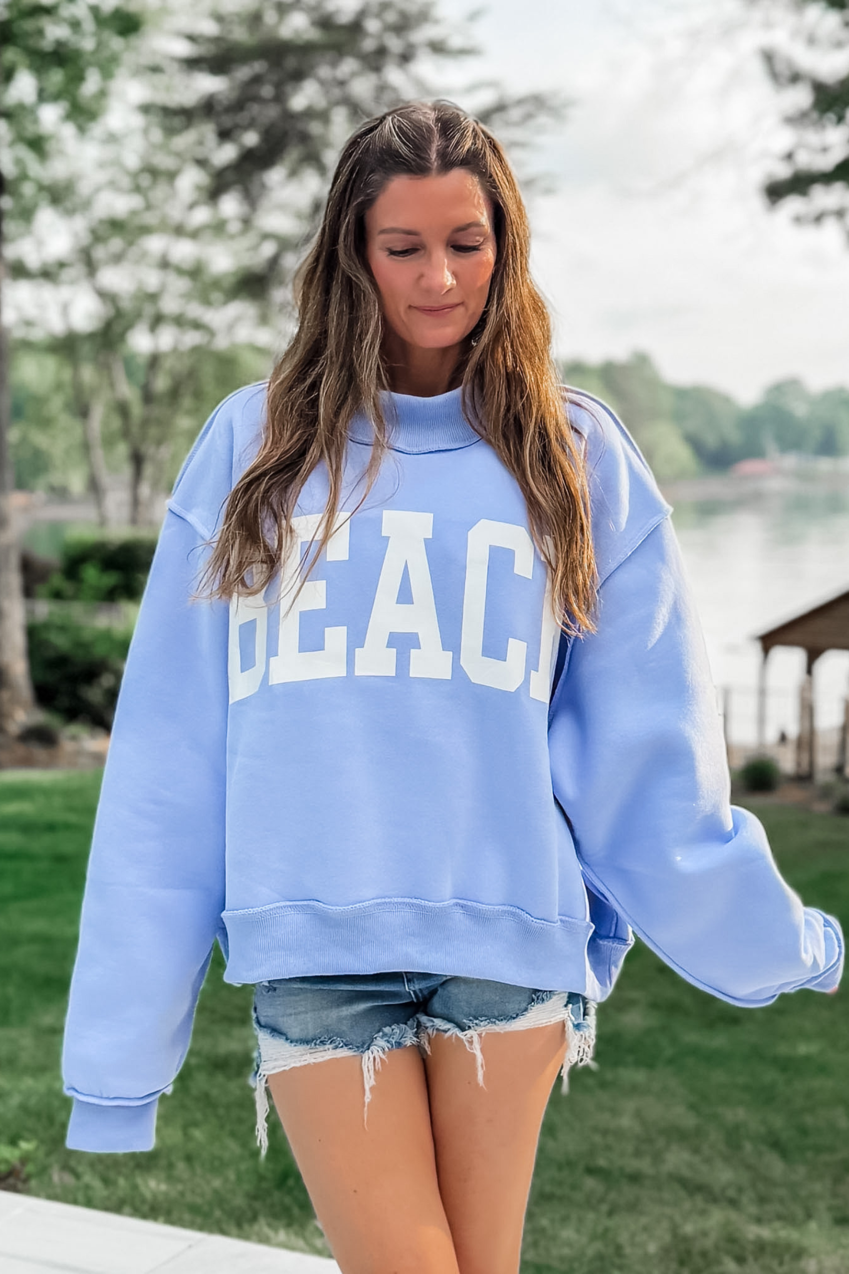Beach/Lake Reversible Mock Neck Sweatshirt - Blue
