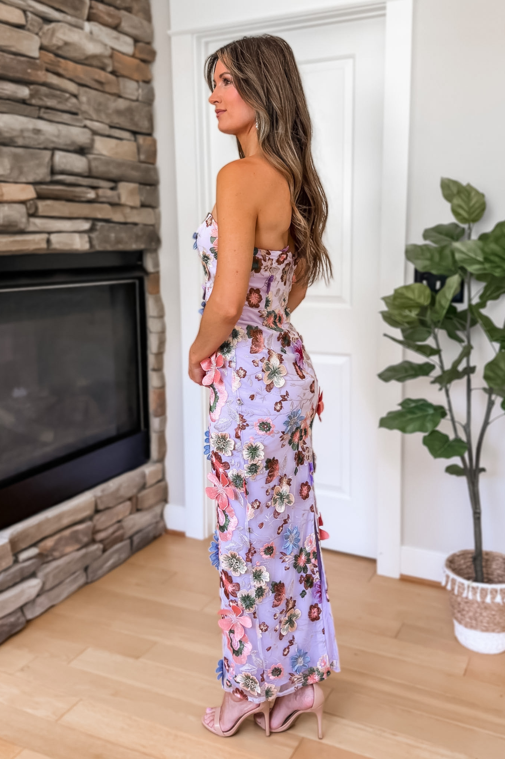 Enchanted Petals Floral Applique Midi Dress - Lilac