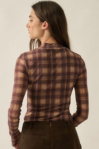 Hollis Plaid Mesh Mock Neck Bodysuit - Brown