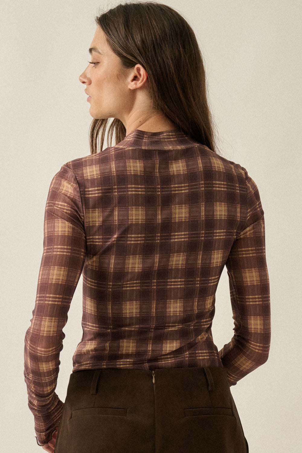Hollis Plaid Mesh Mock Neck Bodysuit - Brown