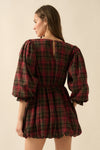 PREORDER - Delilah Plaid and Lace Bubble Mini Dress - Burgundy (SHIPS BY 11/26)