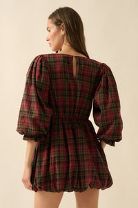 PREORDER - Delilah Plaid and Lace Bubble Mini Dress - Burgundy (SHIPS BY 11/26)