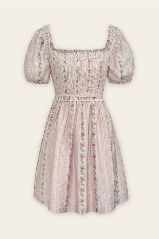 Garden Rose Puff Sleeve Mini Dress - Pink Floral