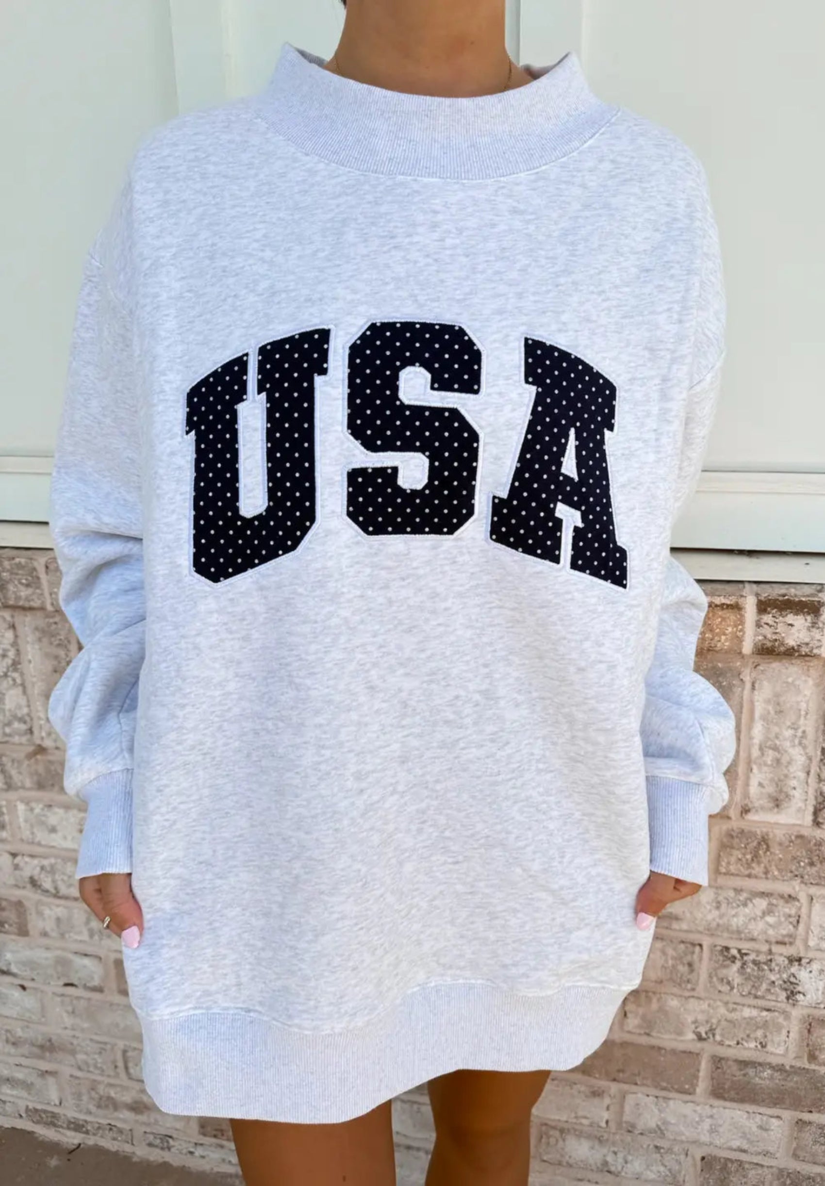 USA Mock Neck Sweatshirt - Navy Polka Dot