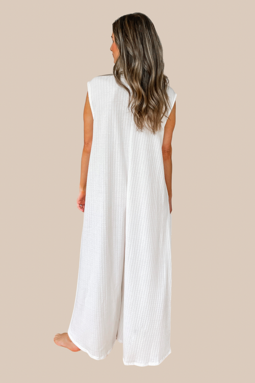 Catalina Wide Leg Textured Knit Jumpsuit - Off White