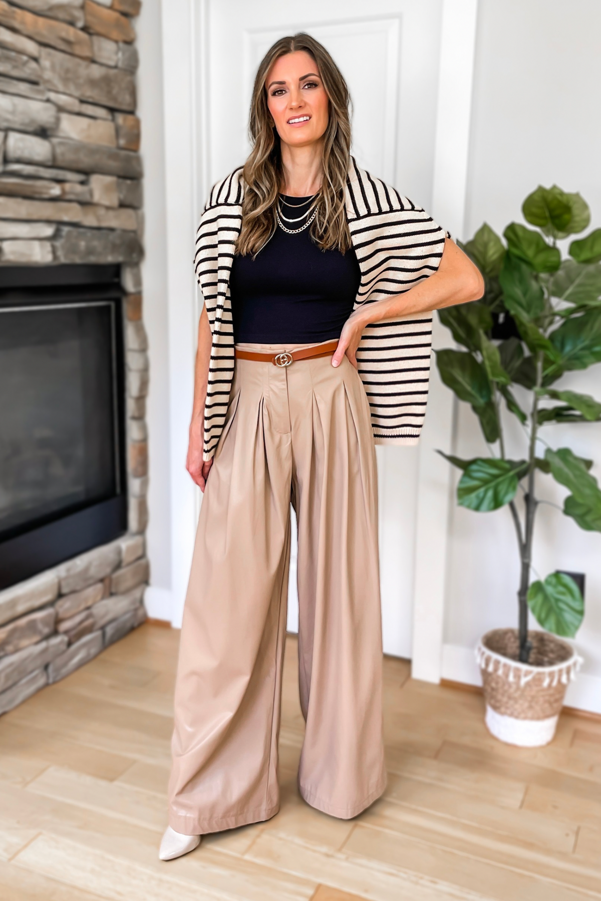 Before Long Faux Leather Pleated Wide Leg Pants - Latte – Ivy