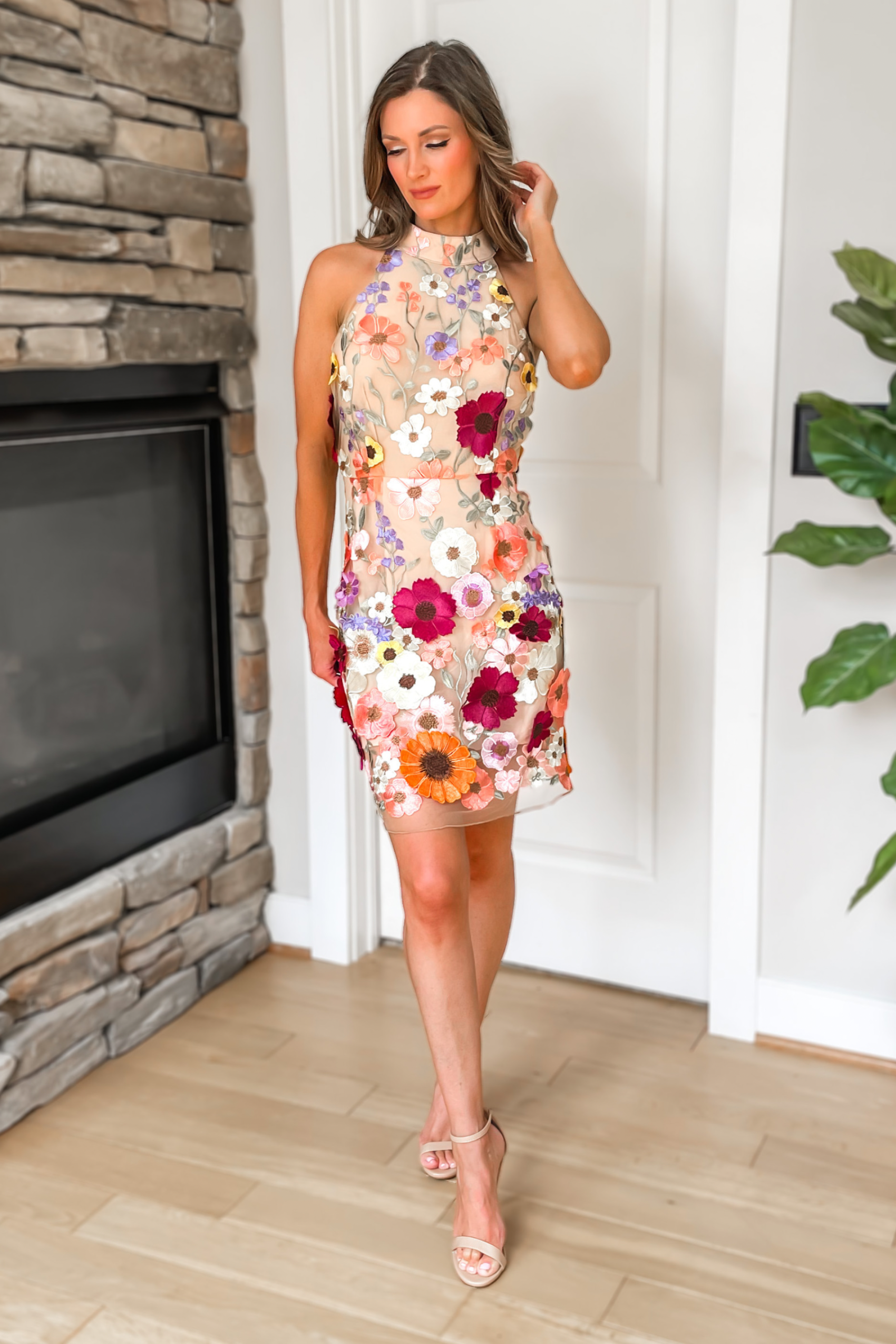 halter applique mini dress 3D Floral Appliqu Halter Mini Dress with Open Back 38362