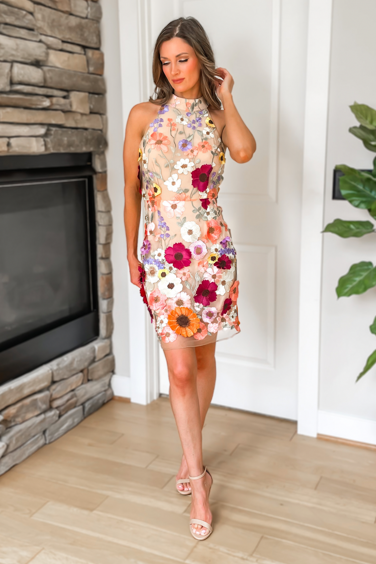halter applique mini dress Love Era Floral Lace