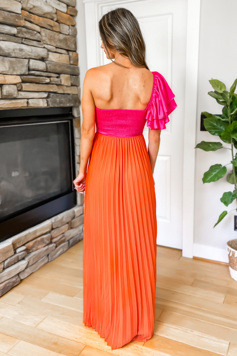Sweet As Always One Shoulder Maxi Dress - Pink/Orange