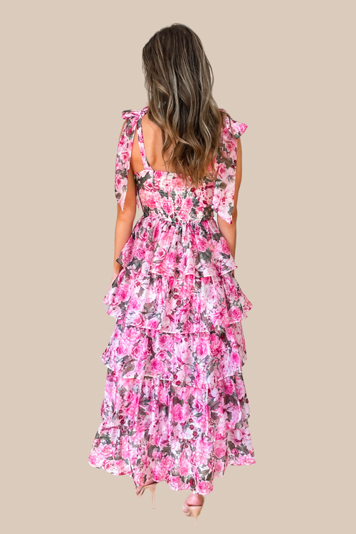 Bridgerton Pink Floral Tiered Ruffle Maxi Dress