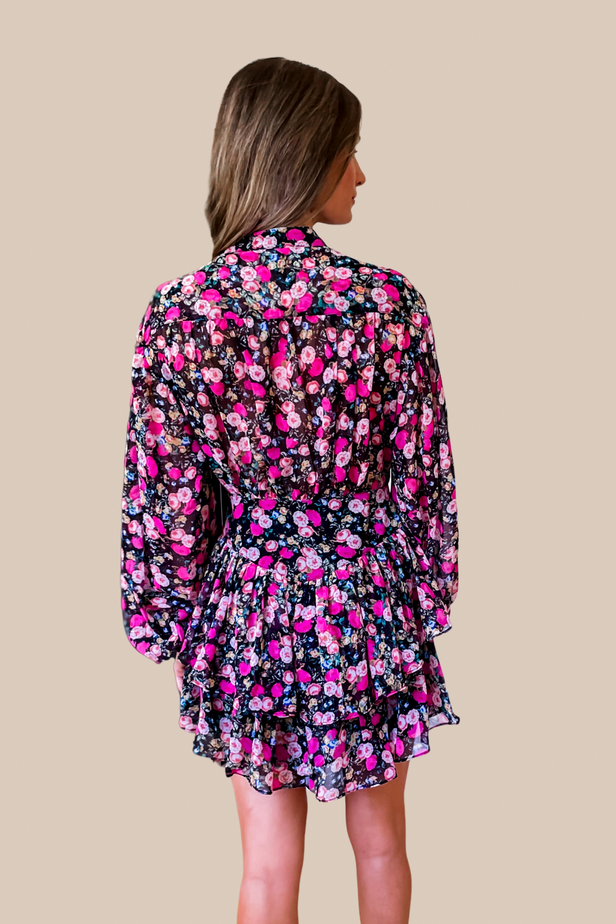 Josephine Long Sleeve Floral Ruffle Mini Dress - Black/Pink - SALE Large Josephine Long Sleeve Floral Ruffle Mini Dress - Black/Pink - SALE Large