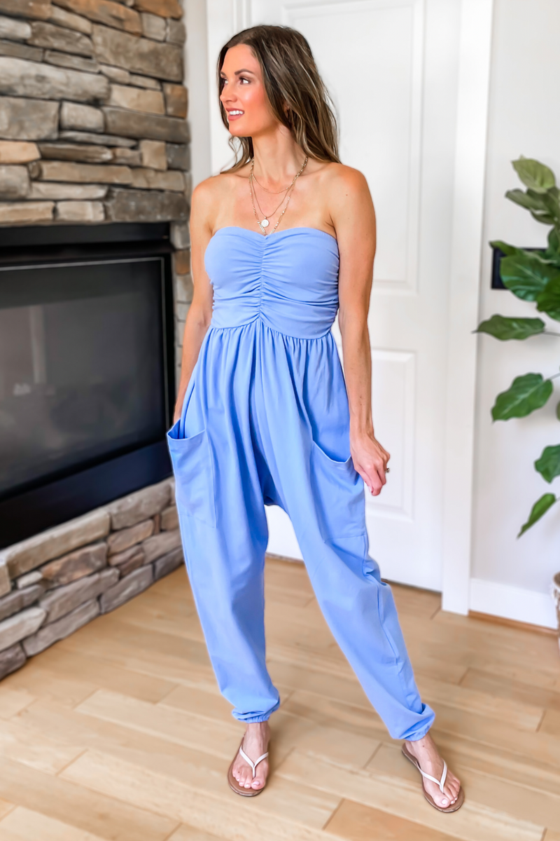 On The Move Strapless Jogger Jumpsuit - Blue - restock!