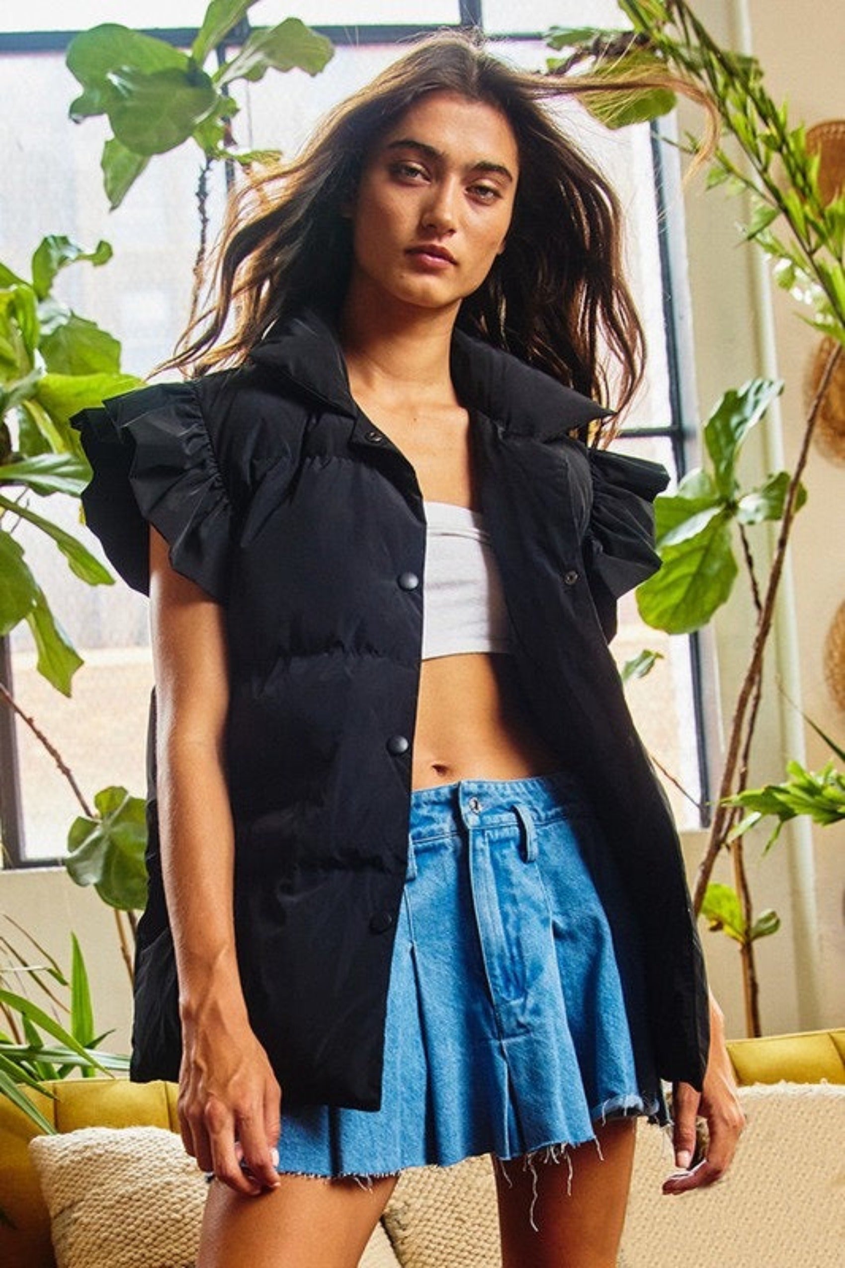 Ruffle Sleeve Puffer Vest Black Restock