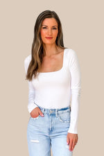 Jolene Soft Seamless Long Sleeve Square Neck Bodysuit - White