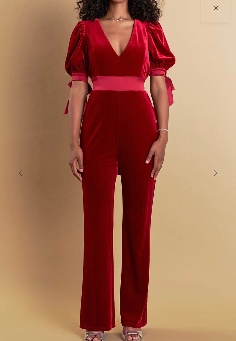 Bow Sleeve Velvet Jumpsuit - Burgundy