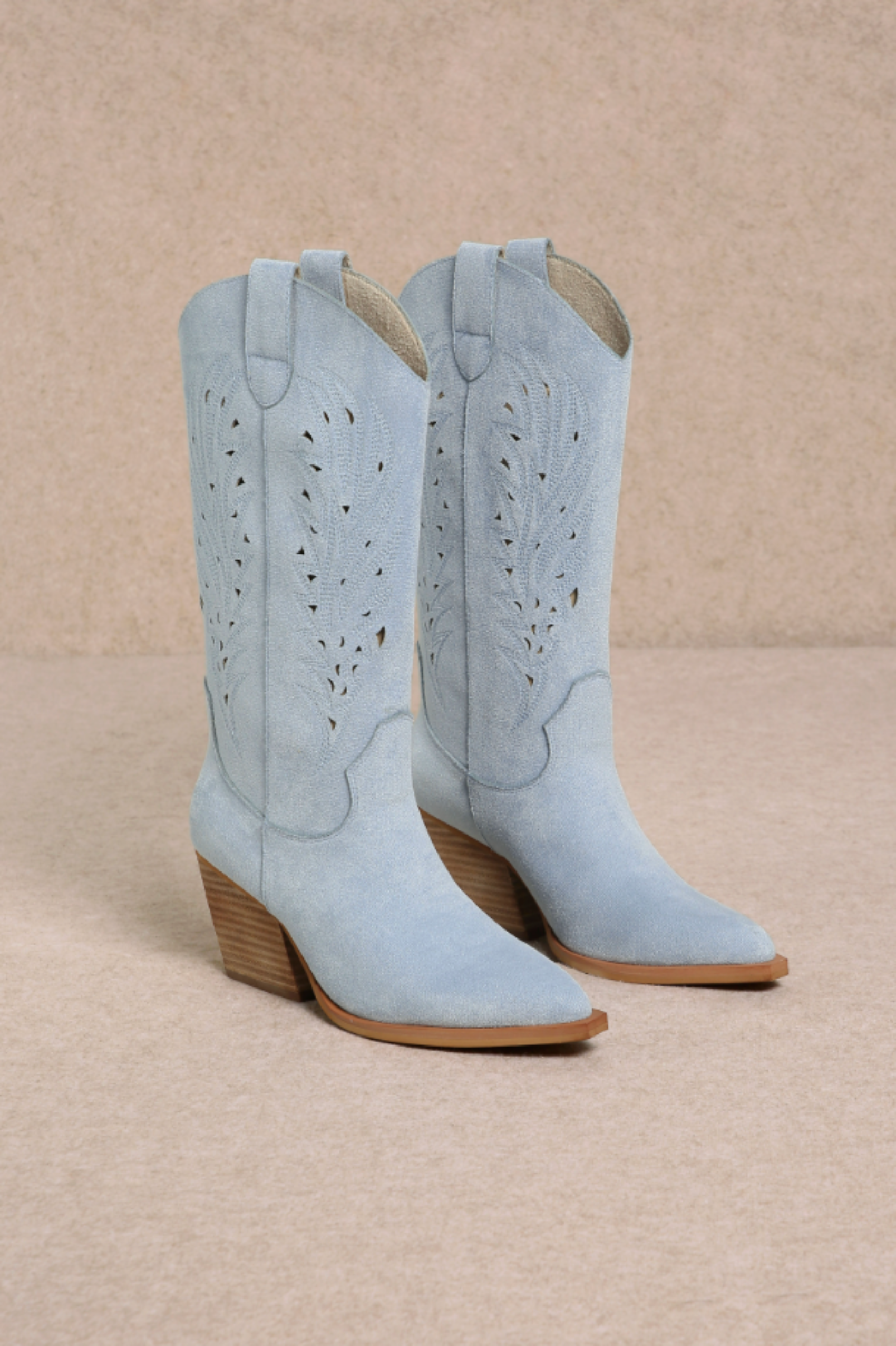 Olivia Laser Cut Western Boot - Light Blue Suede
