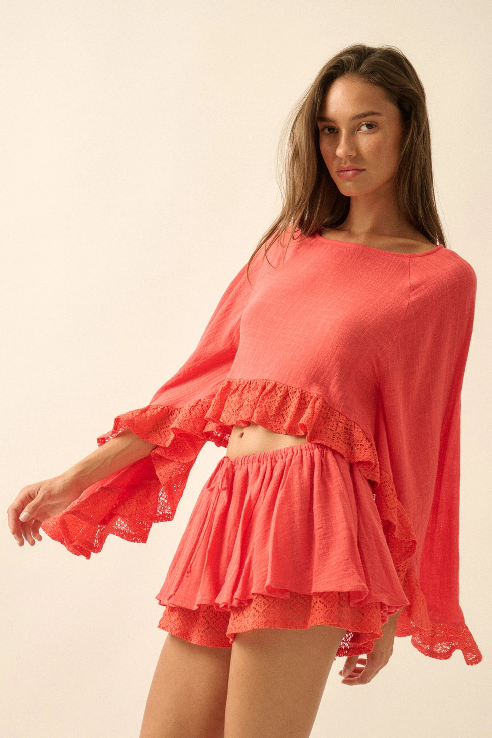 Sunset Escape Lace Ruffle Hem Top - Coral