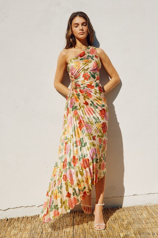 asymmetric ruffle floral printed one shoulder evening dress Kanerite Asymmetric Floral Gown