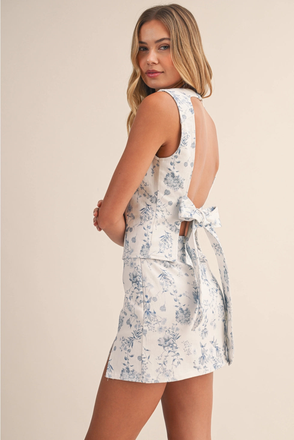 All About You Floral Open Back Top and Skirt Set - Blue and White