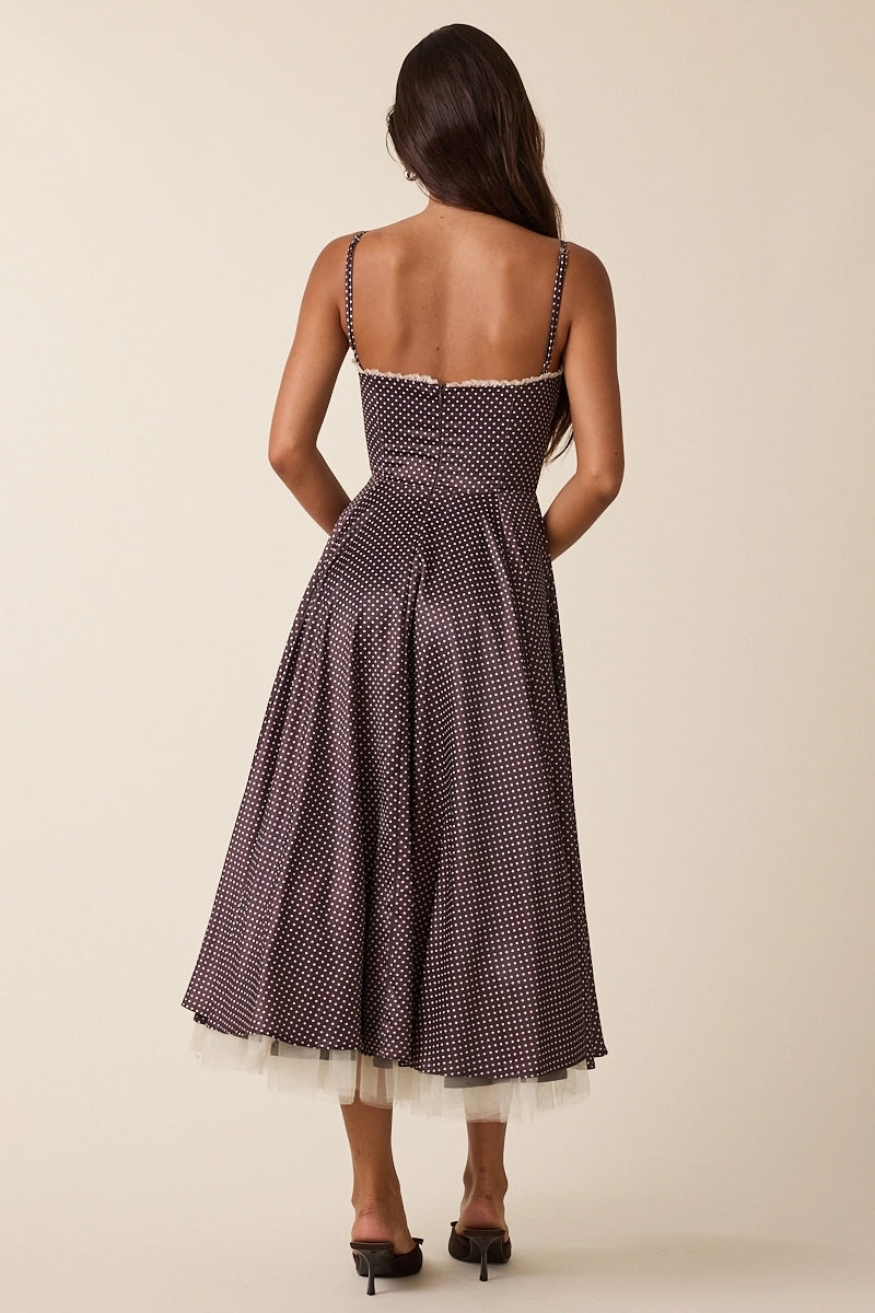 Vintage Romance Brown Polka Dot Lace Fit and Flare Midi Dress Small