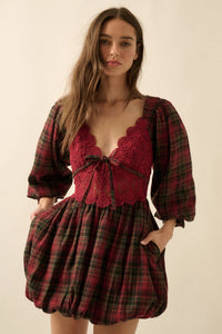 PREORDER - Delilah Plaid and Lace Bubble Mini Dress - Burgundy (SHIPS BY 11/26)