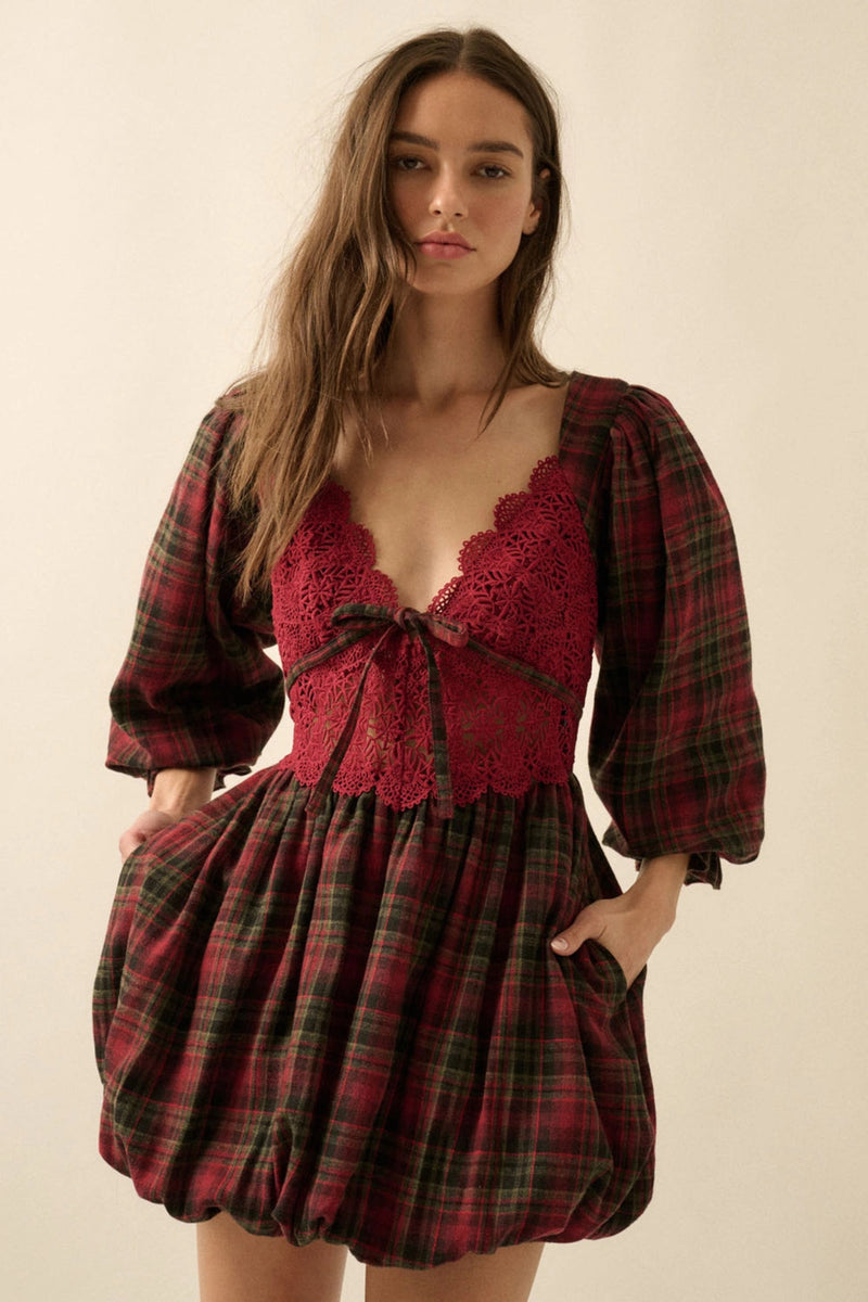 PREORDER - Delilah Plaid and Lace Bubble Mini Dress - Burgundy (SHIPS BY 11/26)