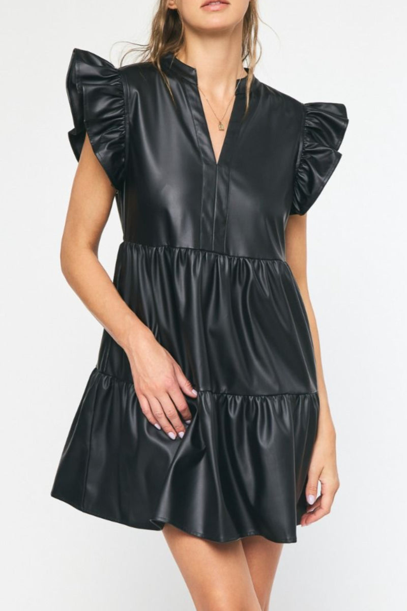 Faux Leather Ruffle Sleeve V Neck Tiered Mini Dress - Black - SALE