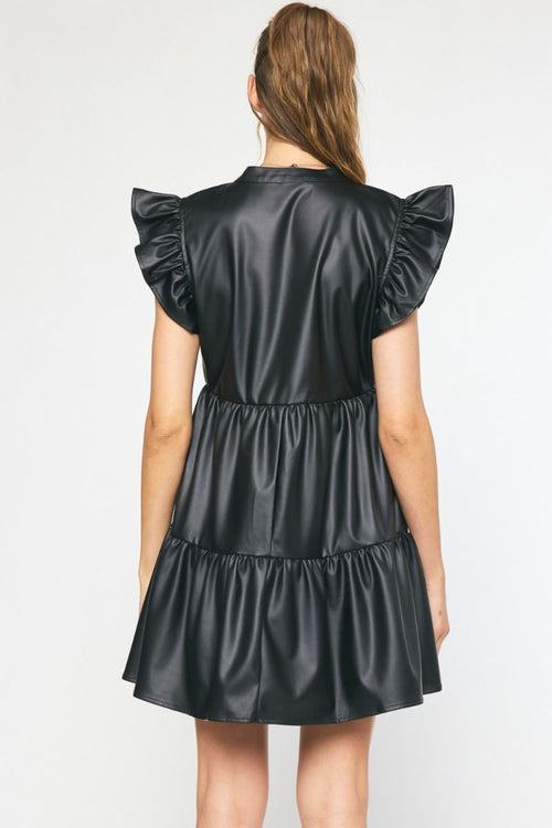 Faux Leather Ruffle Sleeve V Neck Tiered Mini Dress - Black