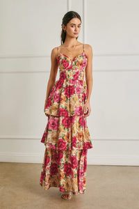 Rosalie Corset Floral Tiered Maxi Dress - Pink Multi