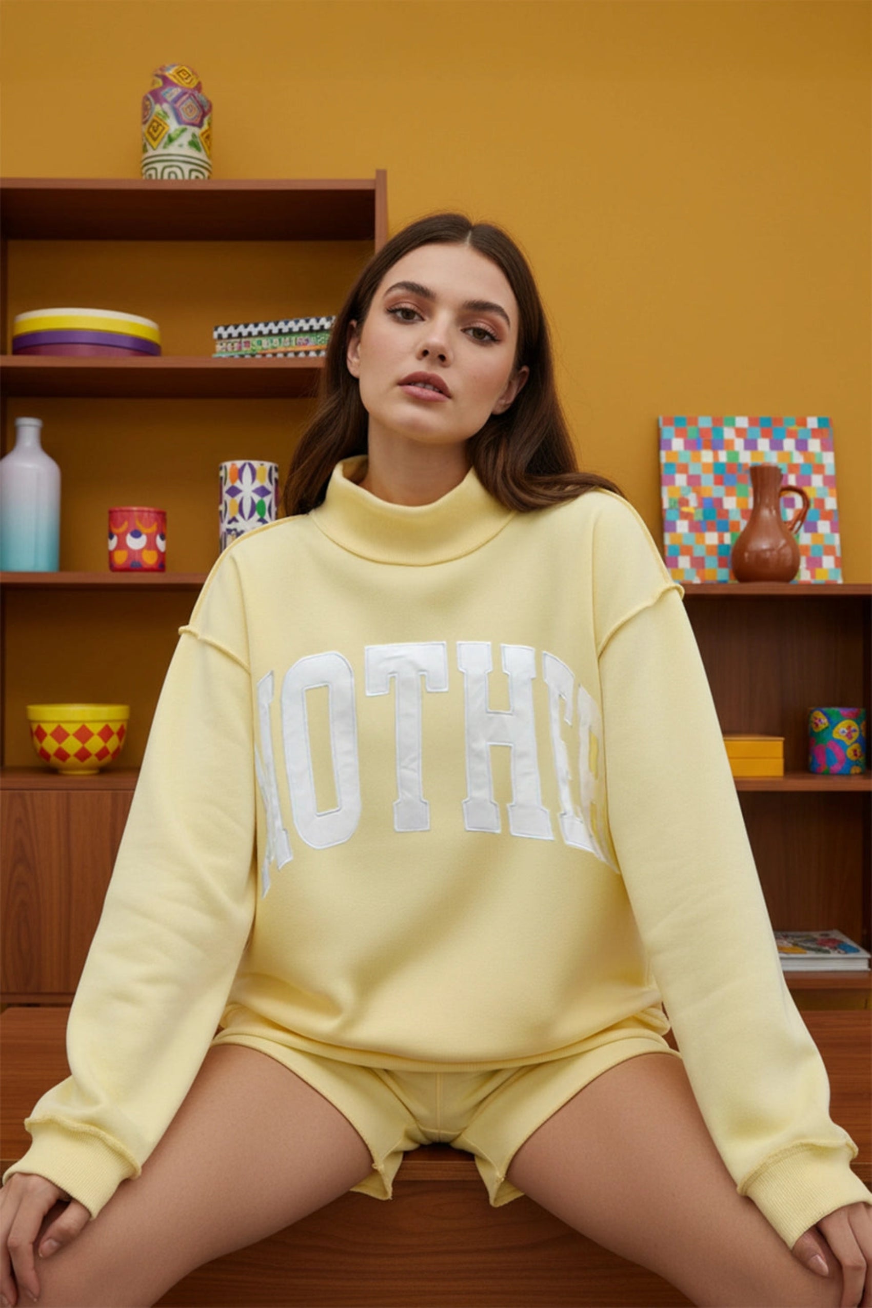 Mother Embroidered Mock Neck Sweatshirt - Yellow