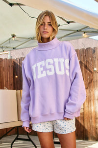 PREORDER - Jesus Embroidered Mock Neck Sweatshirt - Lavender (SHIPS BY 1/8)