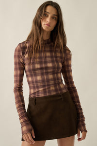 Hollis Plaid Mesh Mock Neck Bodysuit - Brown
