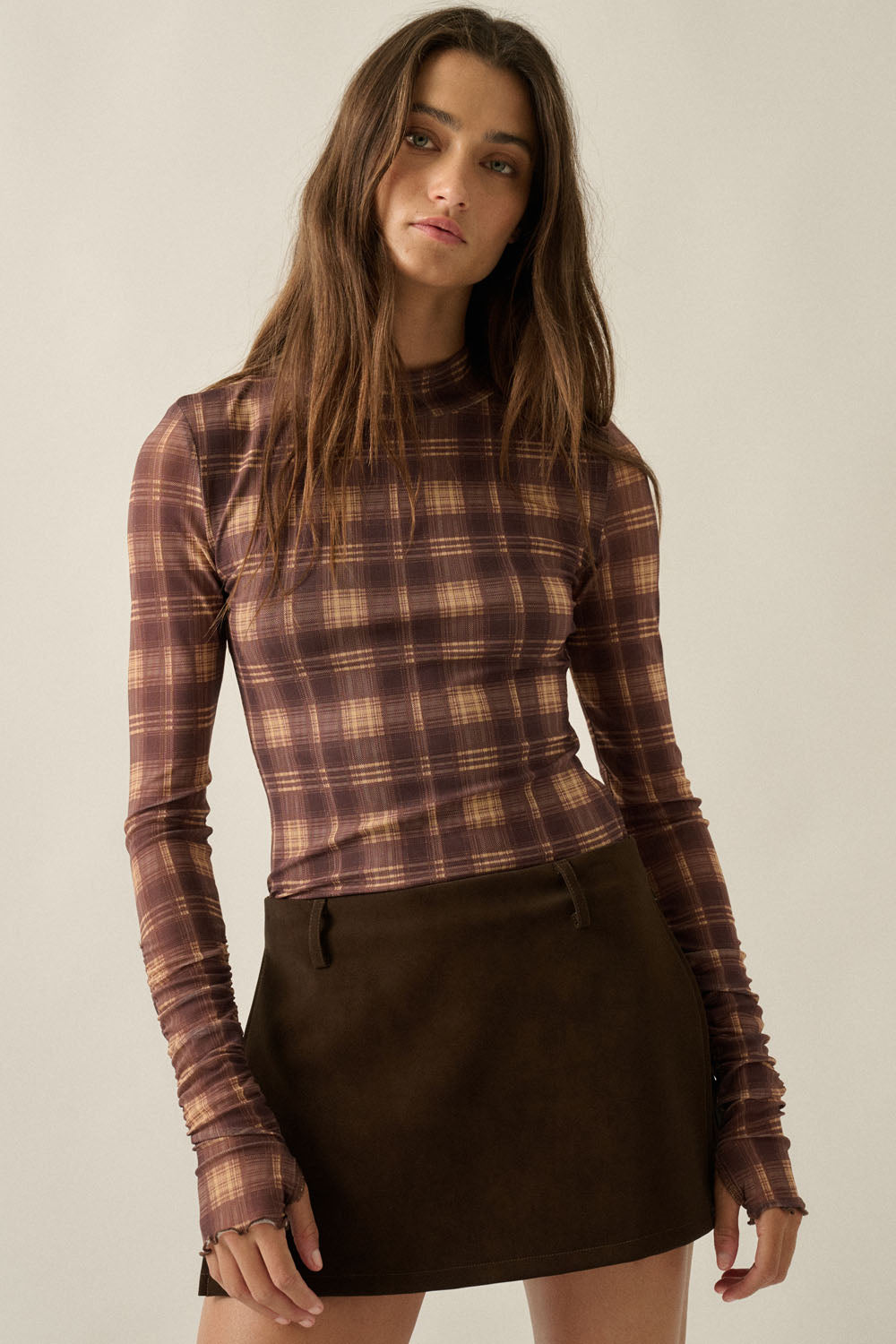 Hollis Plaid Mesh Mock Neck Bodysuit - Brown