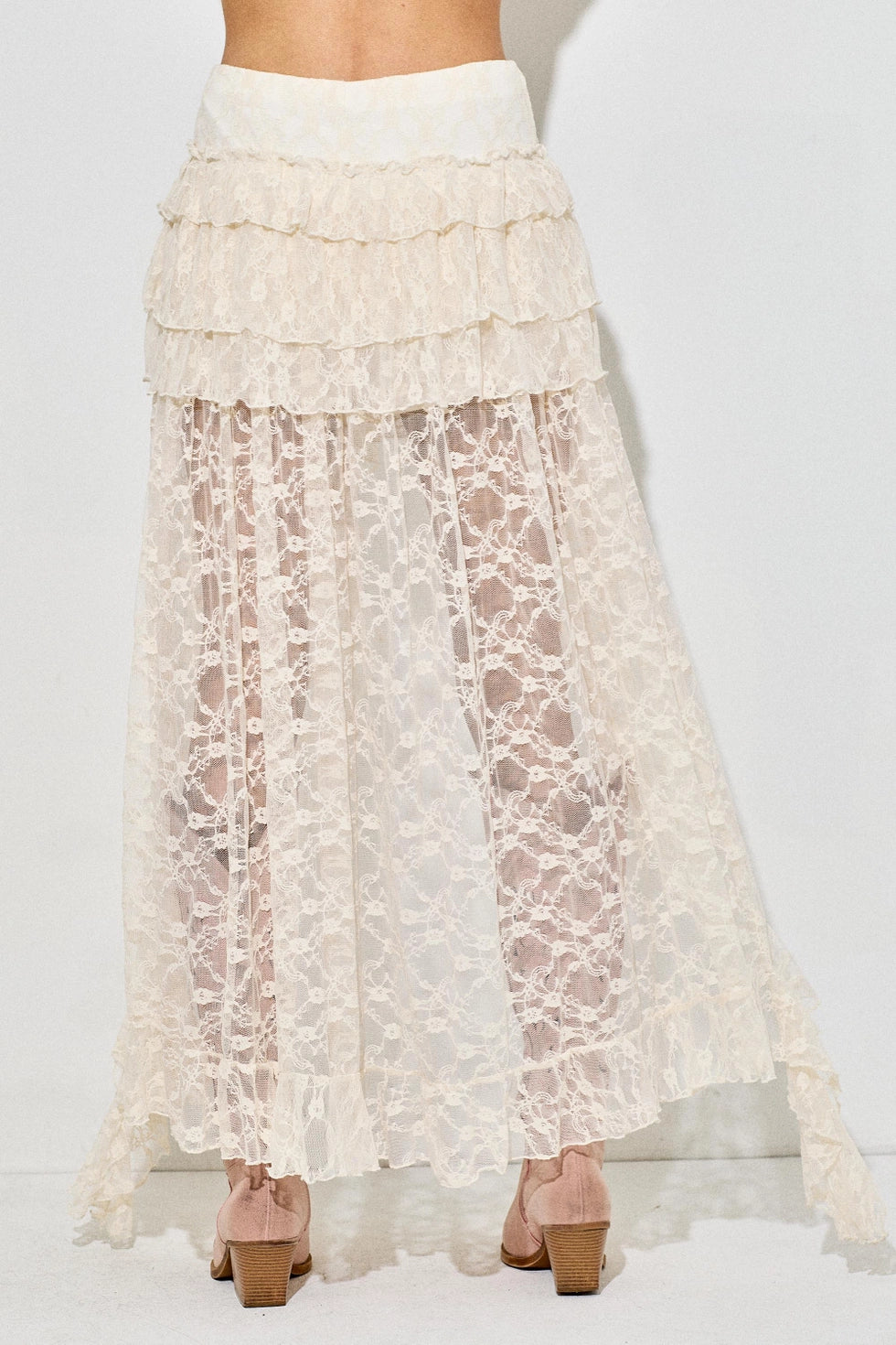 Boho Lace Tiered Maxi Skirt - Cream