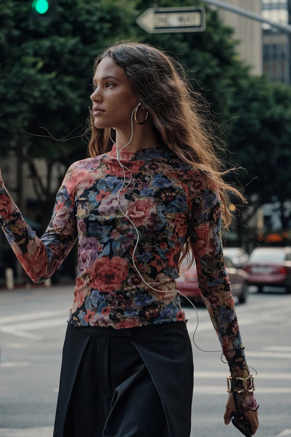 Autumn Days Floral Mesh Mock Neck Top - Black