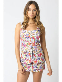 Natalie Floral Button Front Mini Dress - White Multi