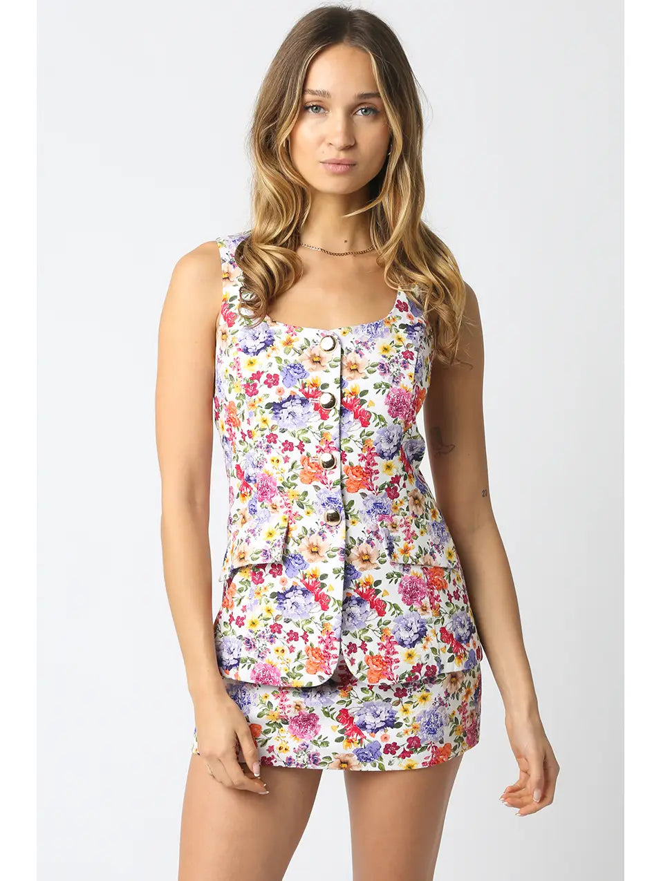 Natalie Floral Button Front Mini Dress - White Multi