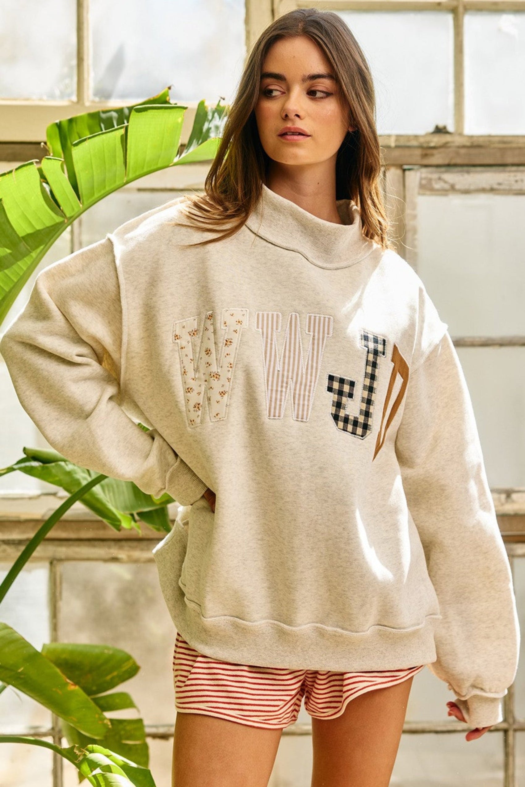 WWJD Patchwork Mock Neck Sweatshirt - Ash Grey Multi