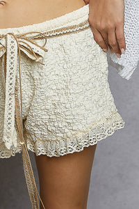 Adeline Textured Lace Trim Shorts - Cream