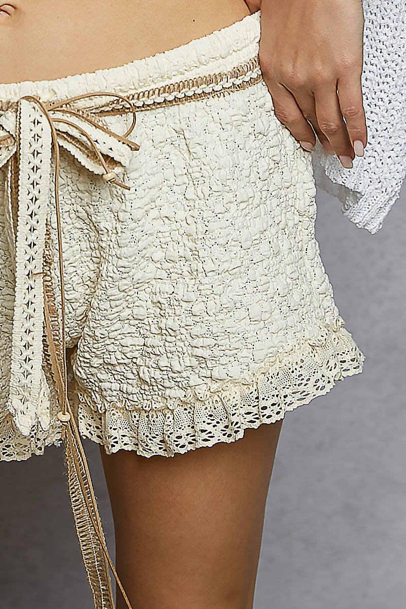 Adeline Textured Lace Trim Shorts - Cream