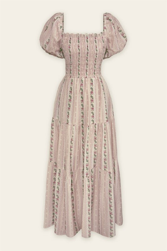 Garden Rose Puff Sleeve Maxi Dress - Pink Floral