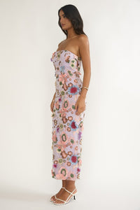 Enchanted Petals Floral Applique Midi Dress - Lilac