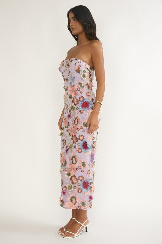 Enchanted Petals Floral Applique Midi Dress - Lilac