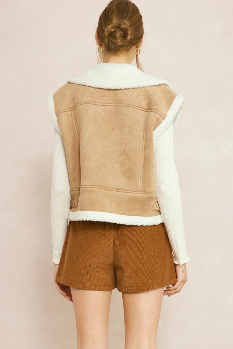 Leighton Faux Suede Shearling Vest - Light Camel