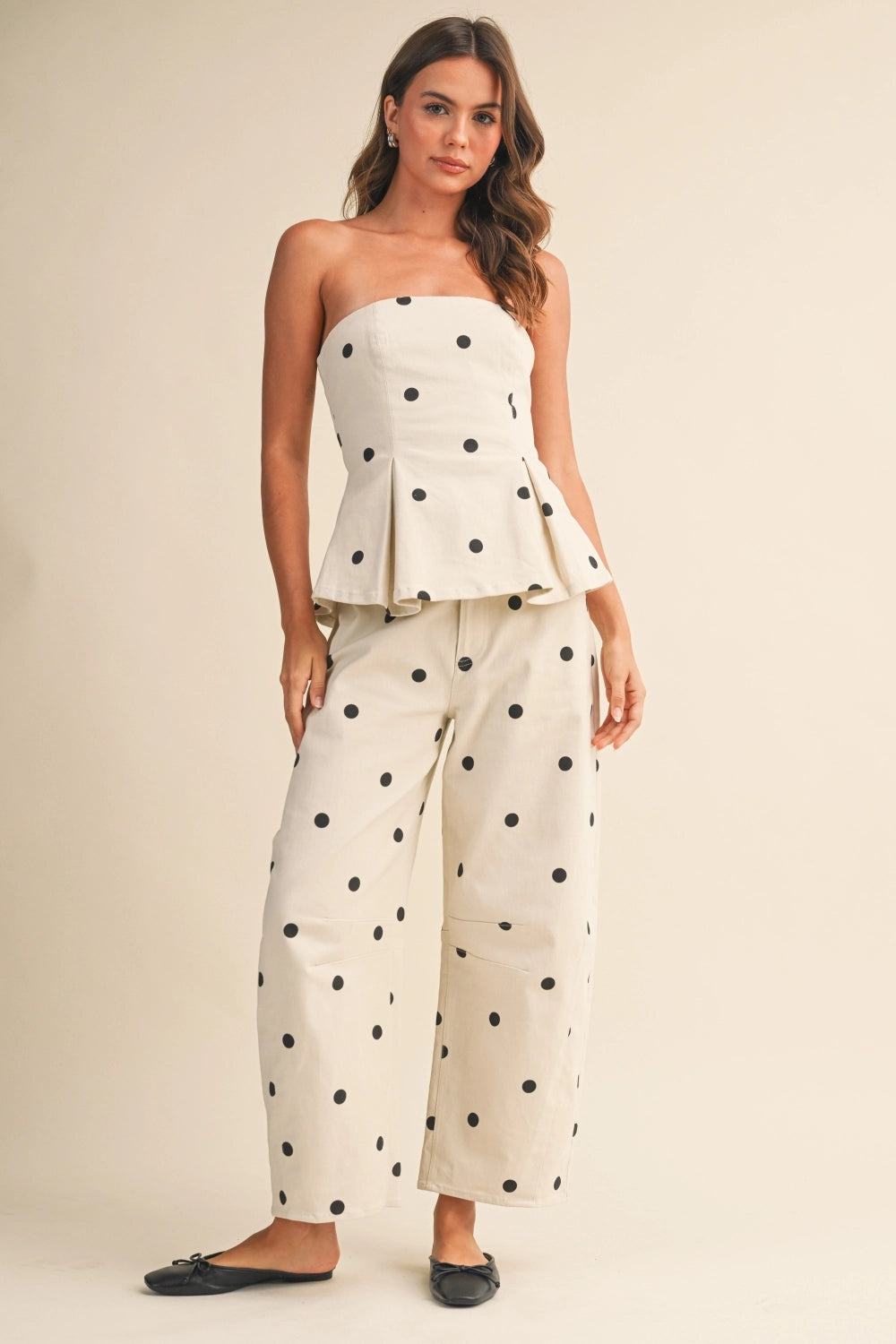 Wren Polka Dot Top and Barrel Pants Set - Off White