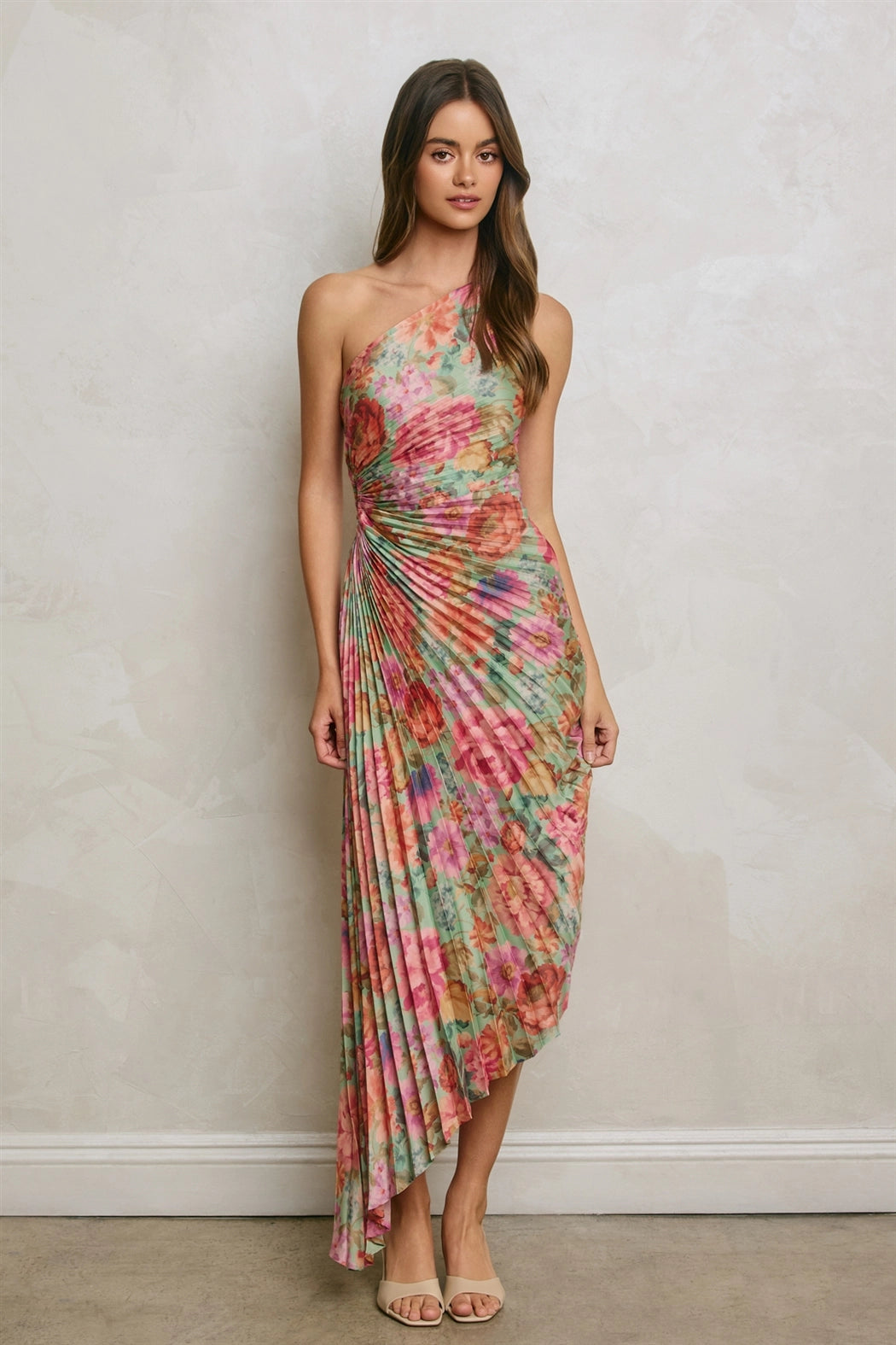 Romantic Garden One Shoulder Asymmetrical Maxi Dress - Green Multi