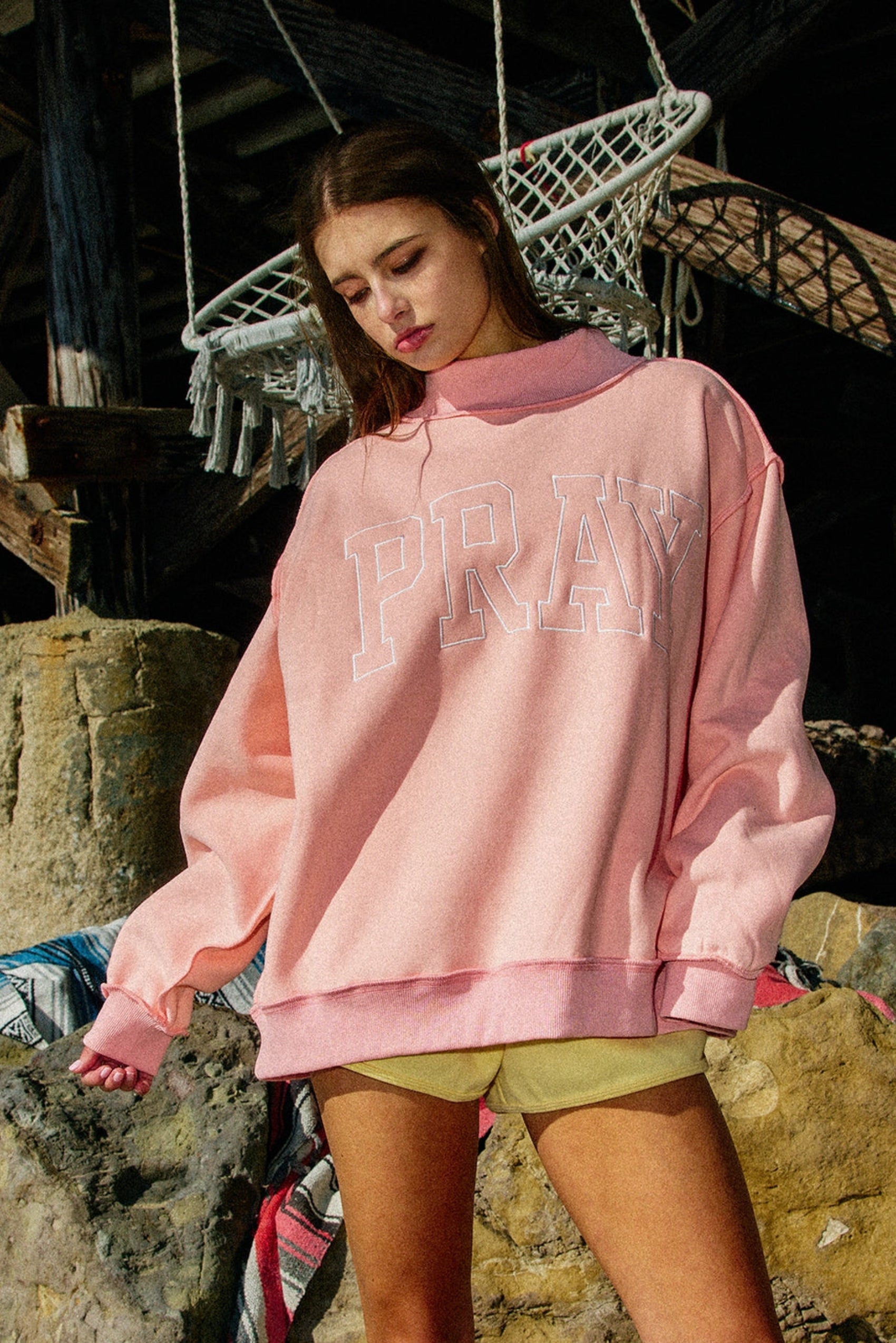 Pray Embroidered Mock Neck Sweatshirt - Pink