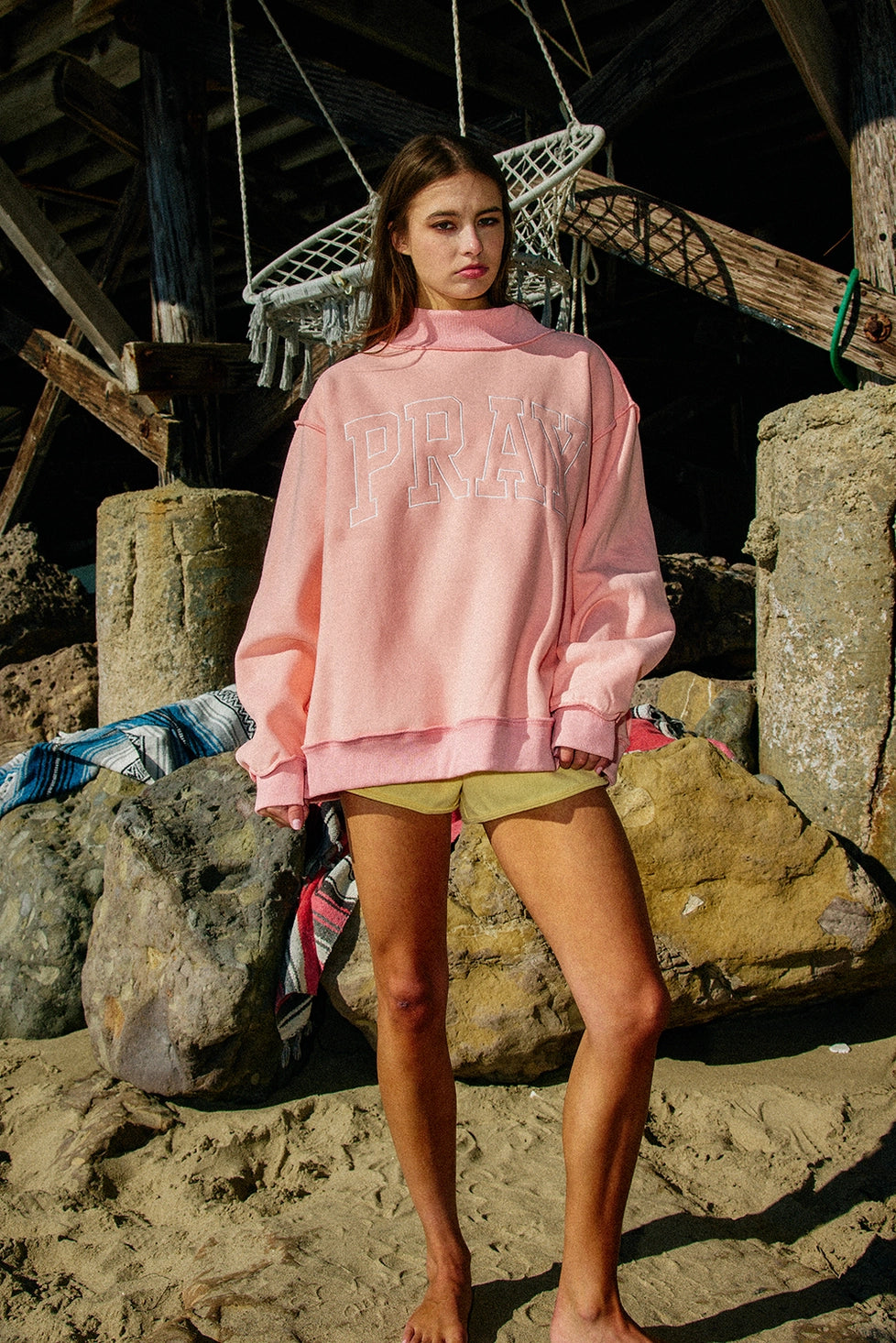 Pray Embroidered Mock Neck Sweatshirt - Pink